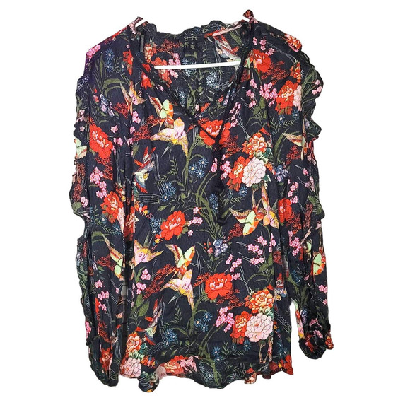 Jessica Simpson Multicolor Bird Novelty V-Neck Boho Blouse Womans Size Medium - Picture 1 of 6